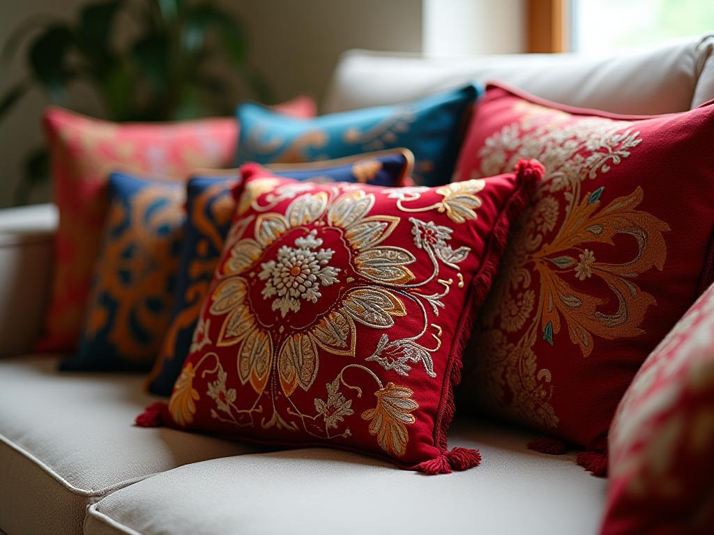 Vibrant embroidered cushions on a sofa