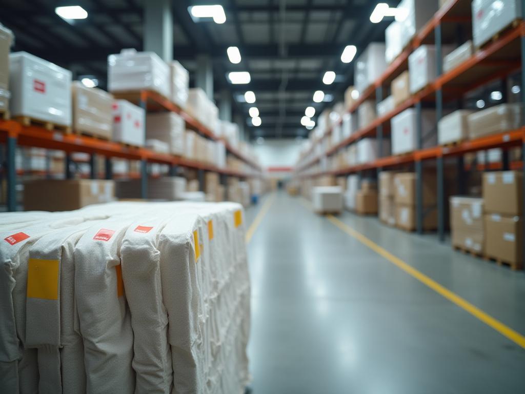 Tagged rolls of fabric in the warehouse